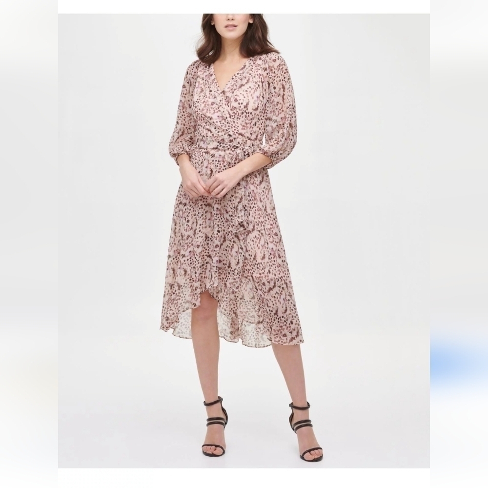 DKNY Baloon Sleeve V-Neck Wrap Dress with tie at waist